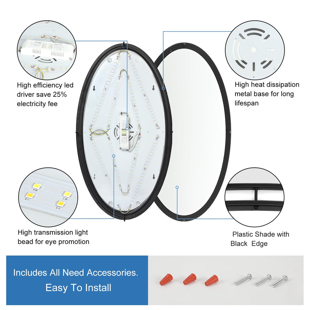 DLLT Flush Mount LED Ceiling Light: 32 Inch 5CCT (3000K-6000K) & Dimmable Ceiling Light Fixtures for Bedroom Hallway - 45W Modern Black Super Bright Kitchen Lighting Fixtures Ceiling