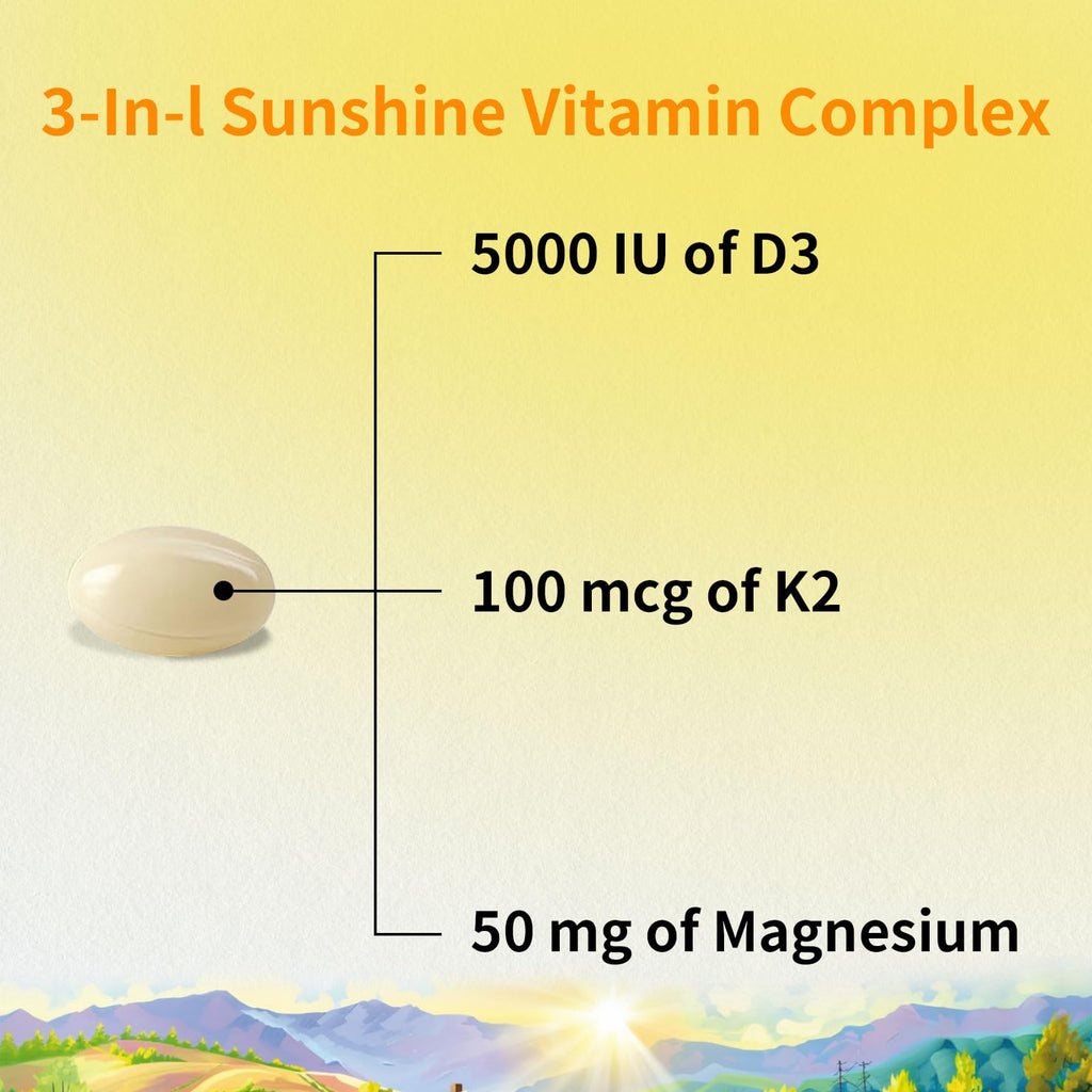 YMINGKJ Vitamin D3 K2 5000 IU 120 Softgels with Magnesium Supplement - & 120mcg MK-7 K2 for Bone Health & Immune Support - Non-GMO & Gluten-Free Softgels with MCT Oil