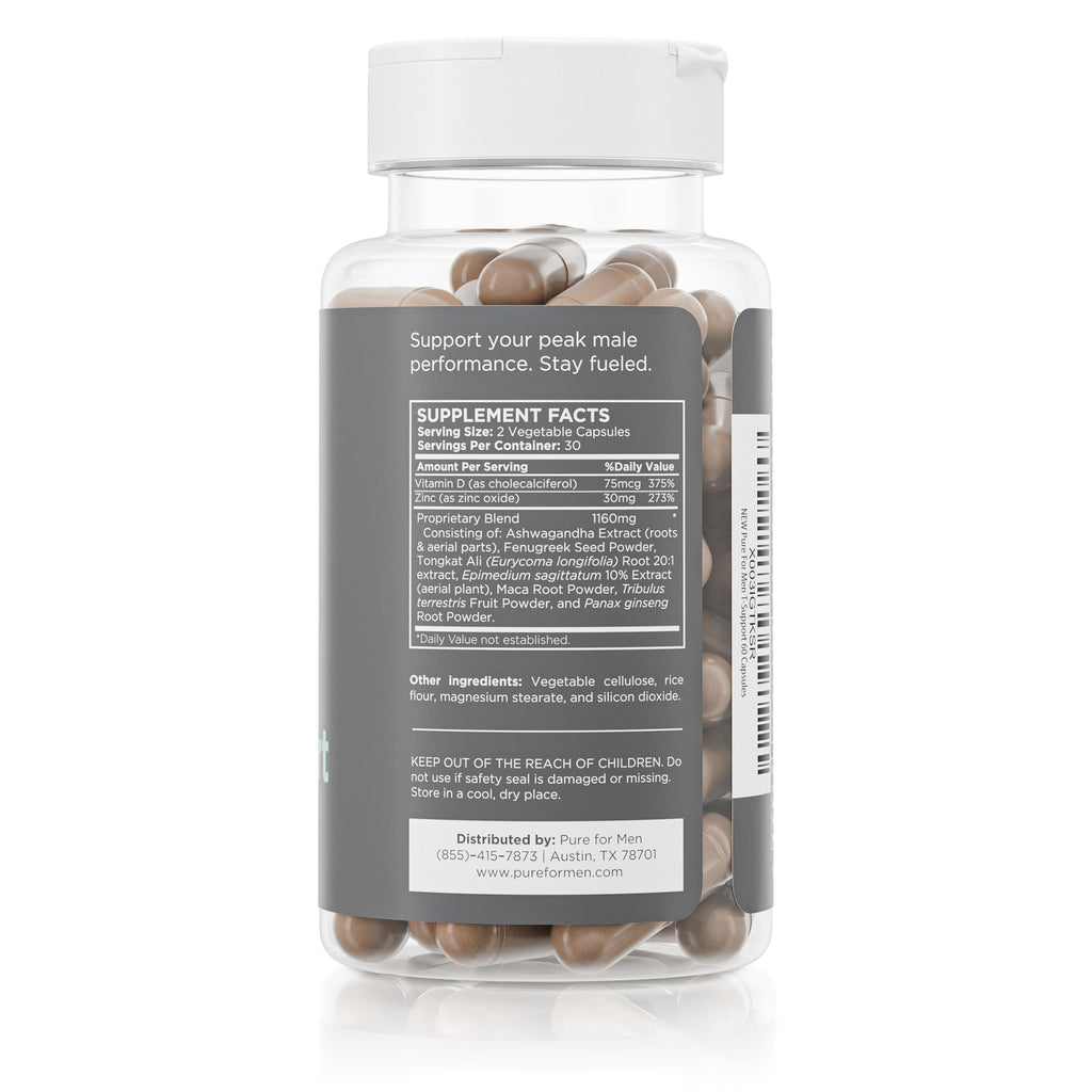 Pure for Men T-Support Supplement | Vegetarian Total Support for Men with Maca, Vitamin D, & Ashwagandha, Muscle Health | Endurance, Strength, Focus, & Energy Support | 60 Capsules
