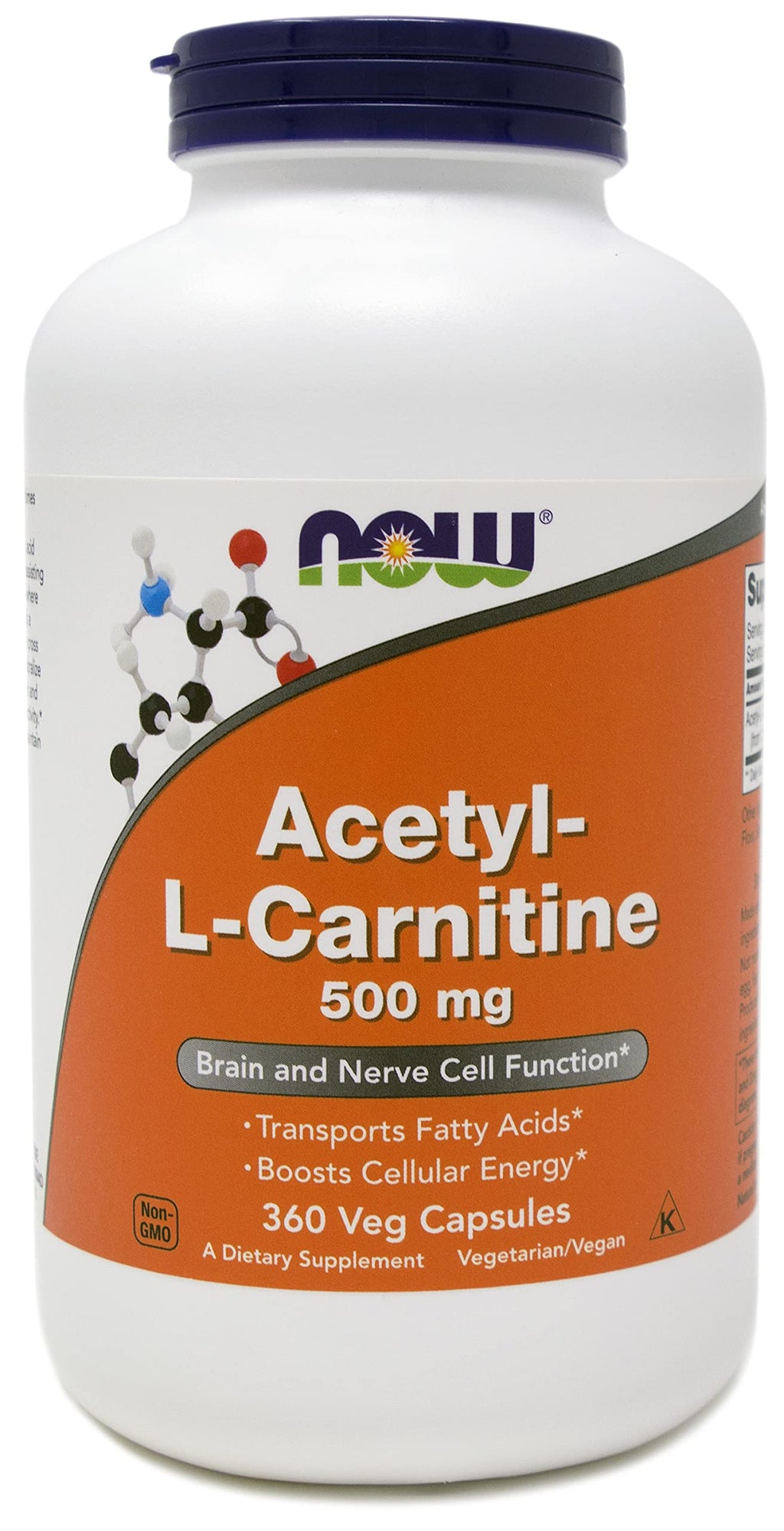 NOW Foods Now Acetyl L Carnitine 500mg, 360 Veg Capsules - Non-GMO ACL 500 mg Caps