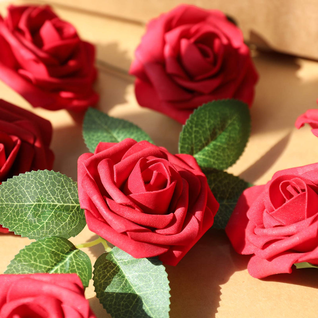 AmyHomie Dark Red Rose 50pcs Real Looking Artificial Flowers w/Stem