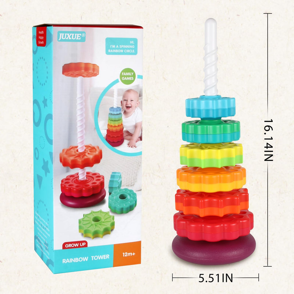 JUXUE Spinning Toy, Rainbow Stacking Toys for Toddlers 1-3, Ring Stacker Baby Toys 6 to 12 Months, 1 One Year Old Girl Boy Christmas Birthday Gifts, Montessori Autism Sensory Toy