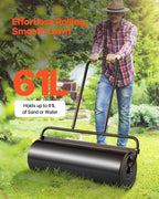 VEVOR Lawn Roller, 61L Sand or Water Filled Yard Roller, with Easy-Turn Plug and U-Shaped Ergonomic Handle for Convenient Push and Pull, Level and Compress Soil for Lawn, Garden, Farm, Park, Black