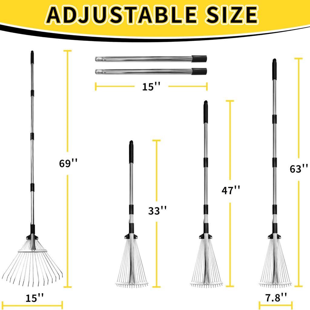 Garden Rake for Leaves,Heavy Duty Metal Adjustable Leaf Rake for Lawns,Long Handle 33"-69" with Expandable Head 8"-15",Garden Tools for Yard Lawn Shrub Garden Beds