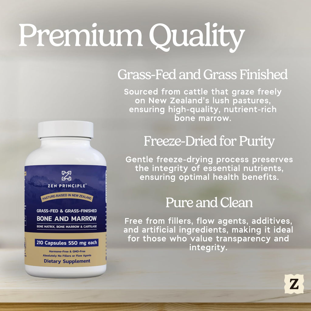 Zen Principle Grass Fed Beef Bone Marrow Supplement, 3300mg. Skin, Oral Health, and Joint Support. Promotes Whole-Body Wellness. Whole Bone Extract, 210 Capsules.