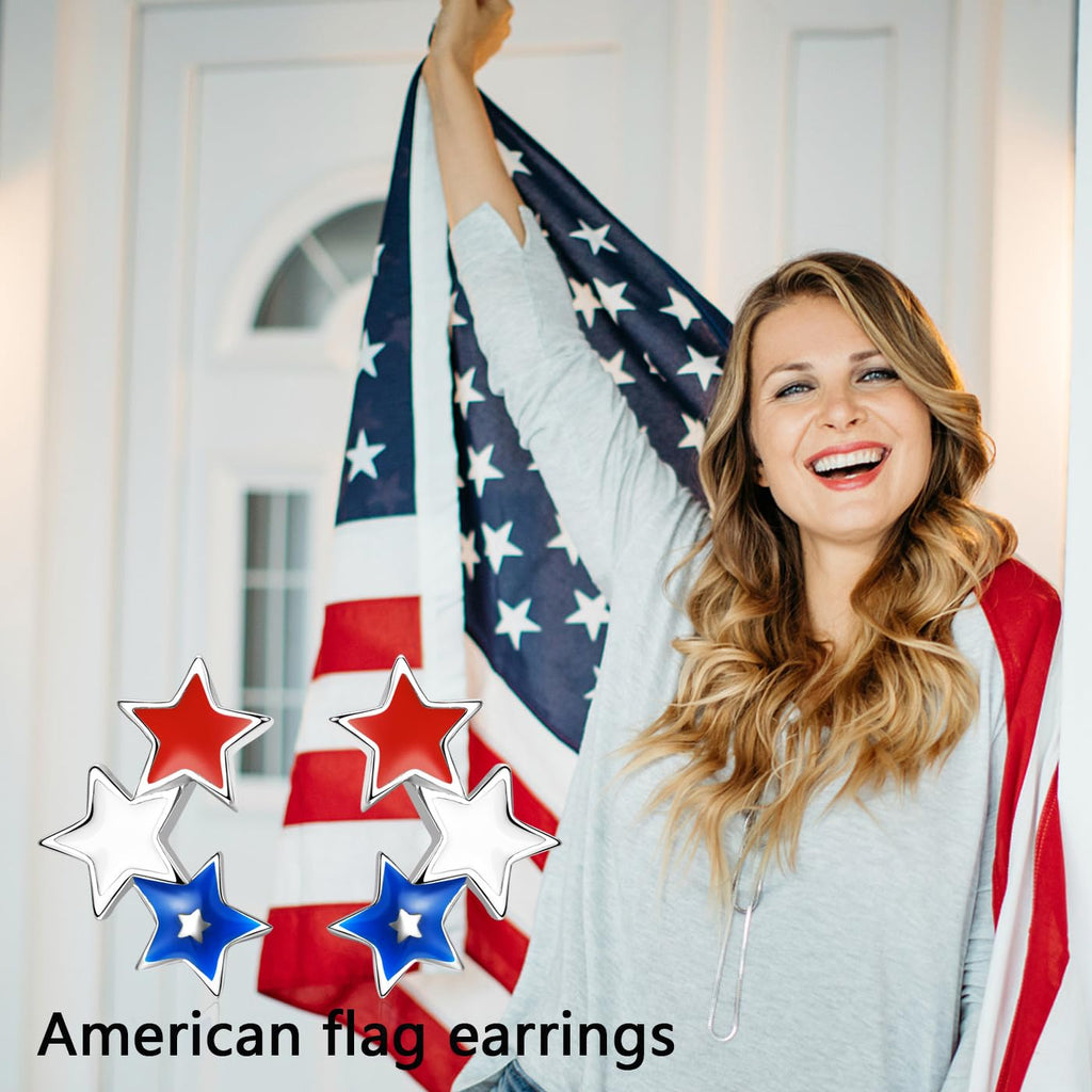 American Flag Earrings for Women 925 Sterling Silver 4th of July Stud Earrings Red White And Blue Star USA Flag Fourth of July Independence Day Gifts for Women