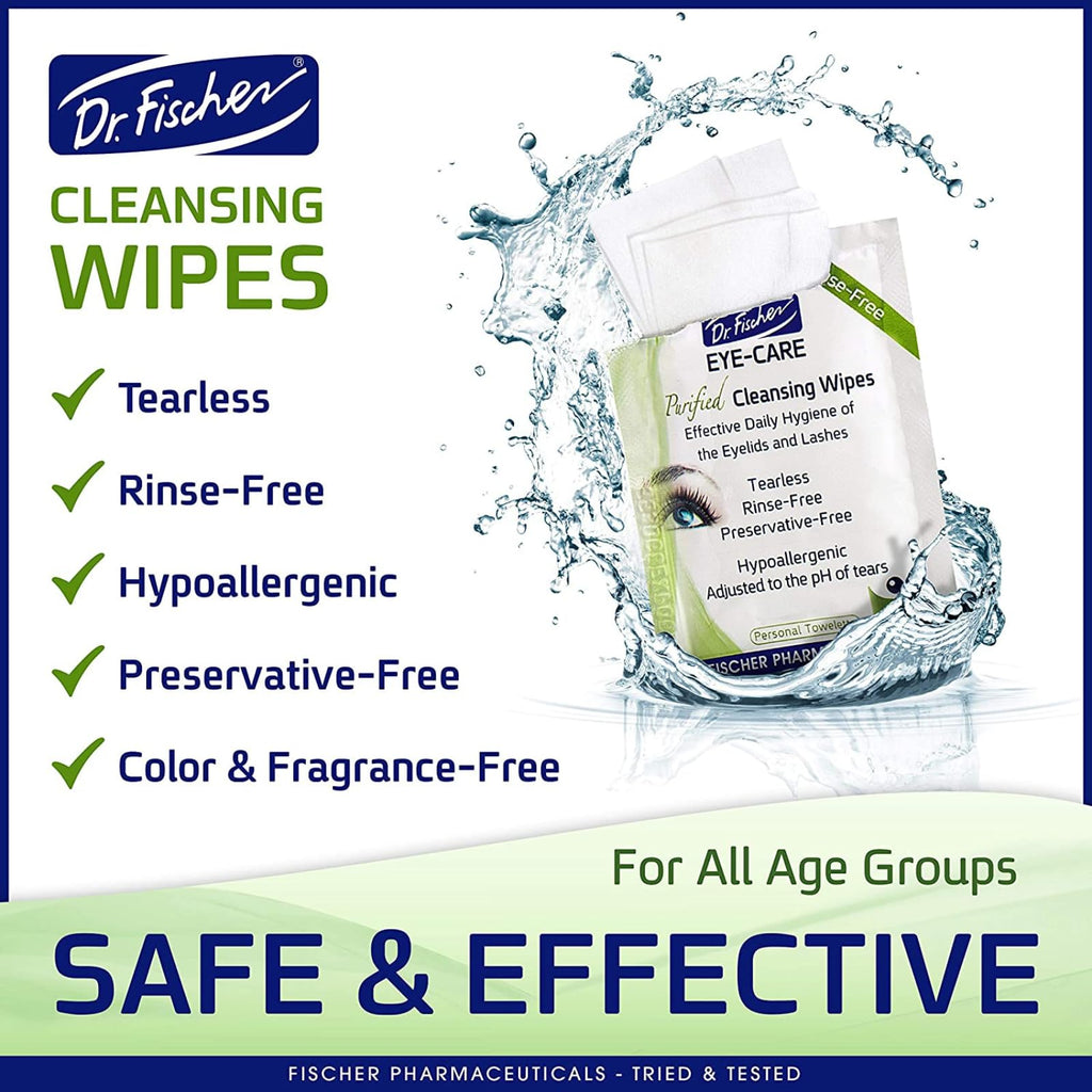 Dr. Fischer Eye Wipes - Hypoallergenic Eyelid Wipes for Everyday Eye Cleansing and Gentle Makeup Remover. (6 packs of 30 wipes each)