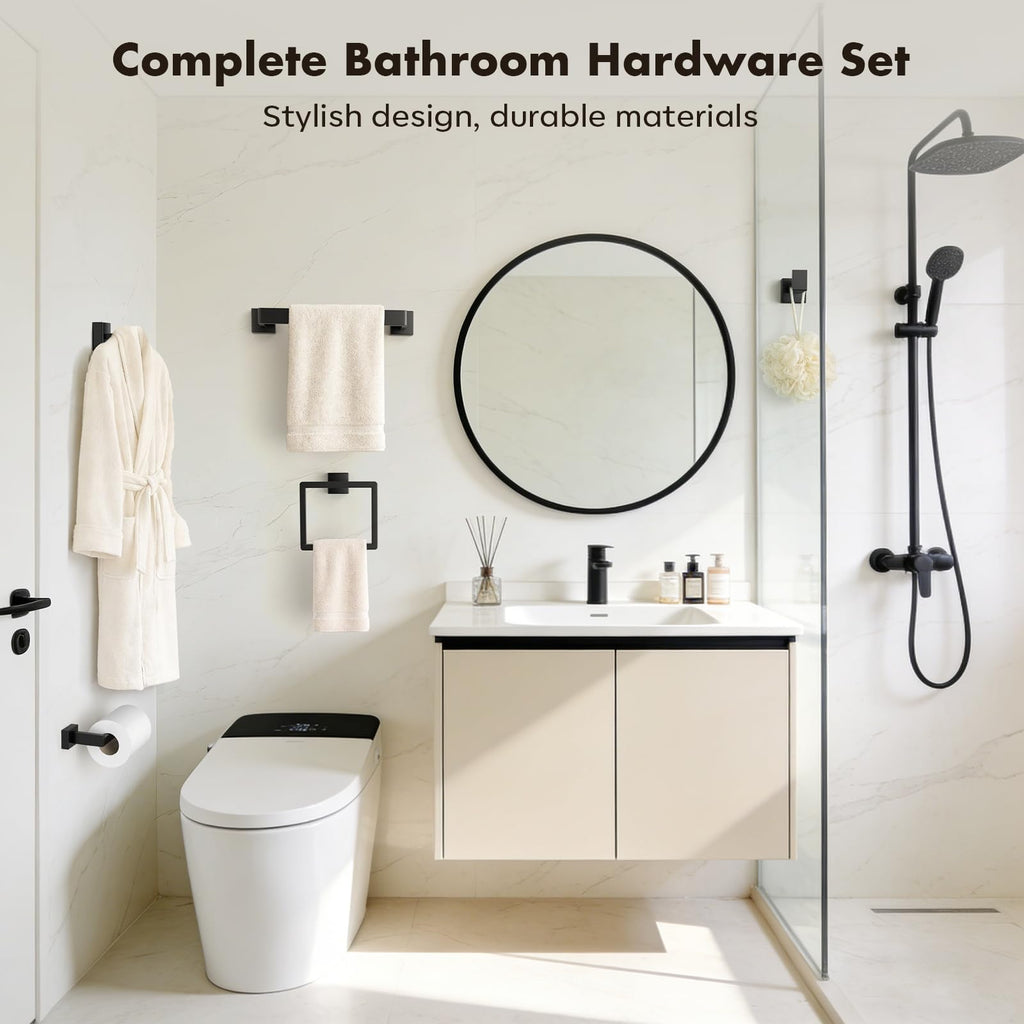 5-Pieces Matte Black Bathroom Accessories Set, 16 Inch Bath Towel Bar Set