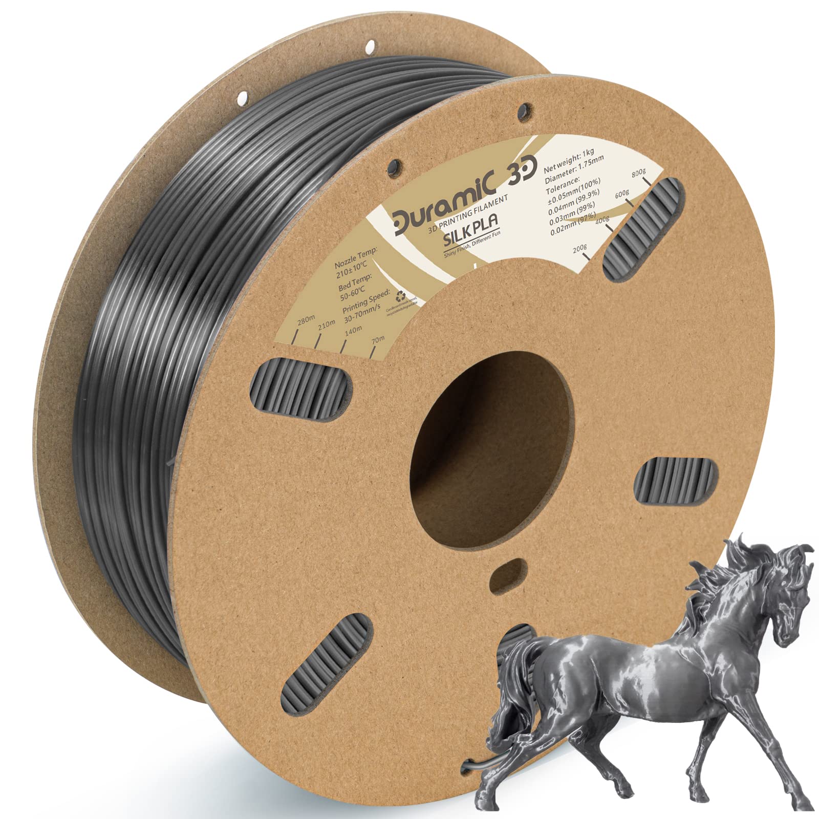DURAMIC 3D PLA Filament 1.75mm 1kg Spool, Jam-Free High Stifness 3D Printing Filament with Cardboard Spool, No-Tangling No-Clogging Dimensional Accuracy 99% +/- 0.03 mm Silk Silver 1 Pack