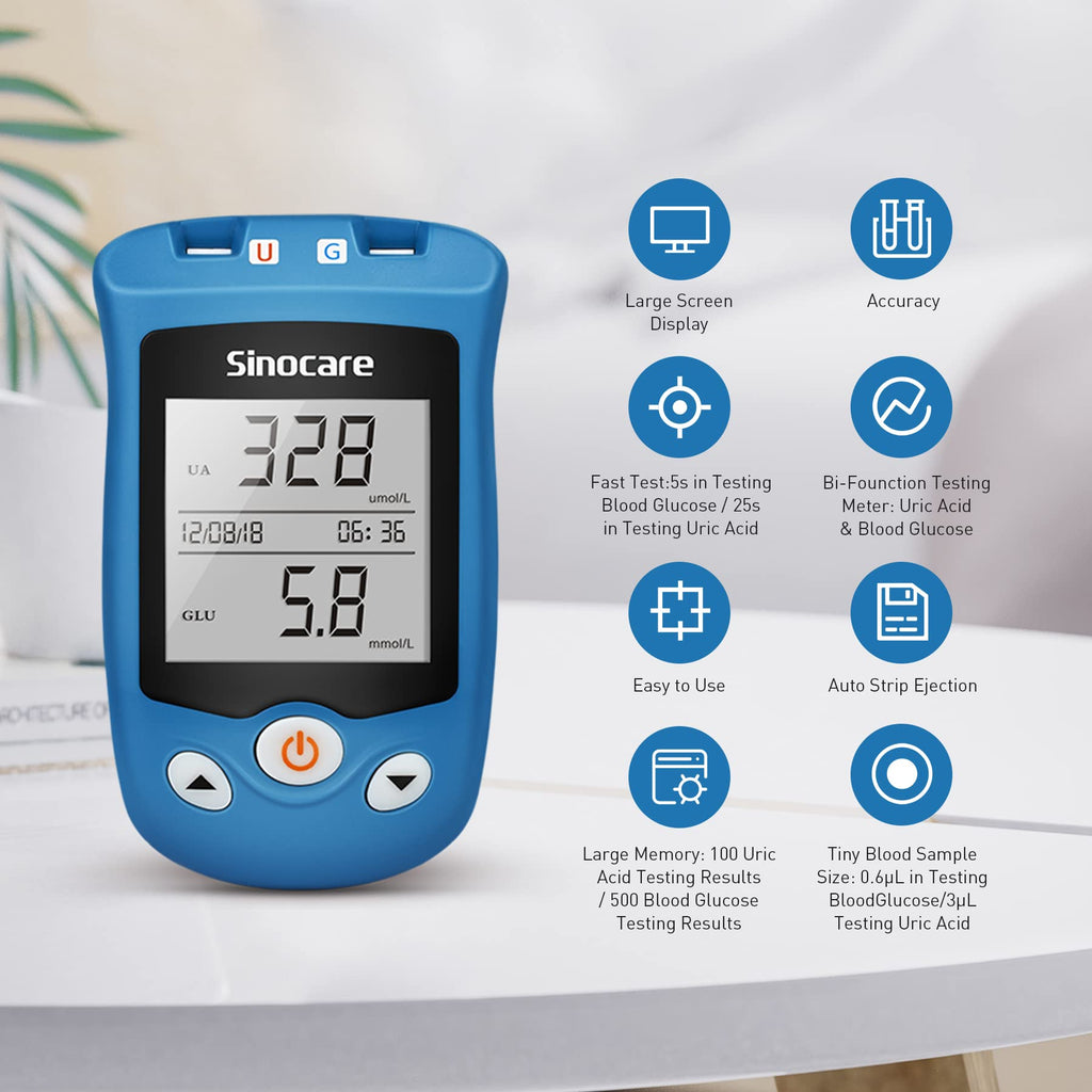 sinocare Uric Acid & Blood Sugar Monitor, 2 in 1 Meter, Uric Acid Testing & Blood Glucose Test Kit, 50pcs Uric Acid Test Strips + 50pcs Blood Suar Test Strips & 100pcs Lans., for Home Use UK