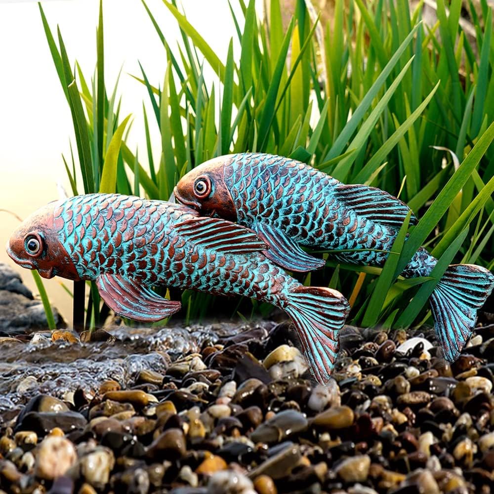 VKEVOC Set of 2 Antique Koi Fish Statue, Outdoor Garden Sculpture for Patio, Backyard, Pond, and Home Decor