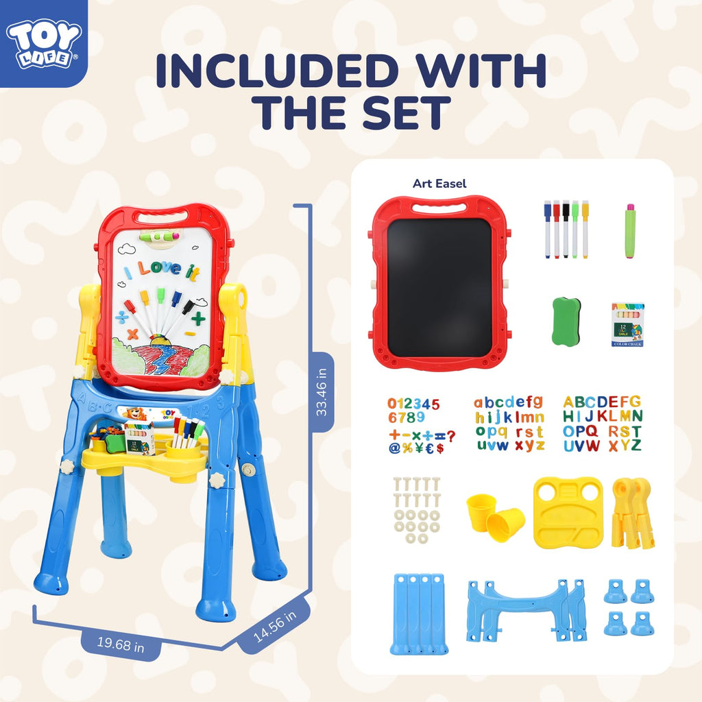 STEAM Life Large Art Easel for Kids, Double-Sided 4In1 Toddler Easel with Rotable Magnetic Chalkboard & White Drawing Board, Height Adjustable with Magnetic Letters & Numbers Gifts for Boys and Girls