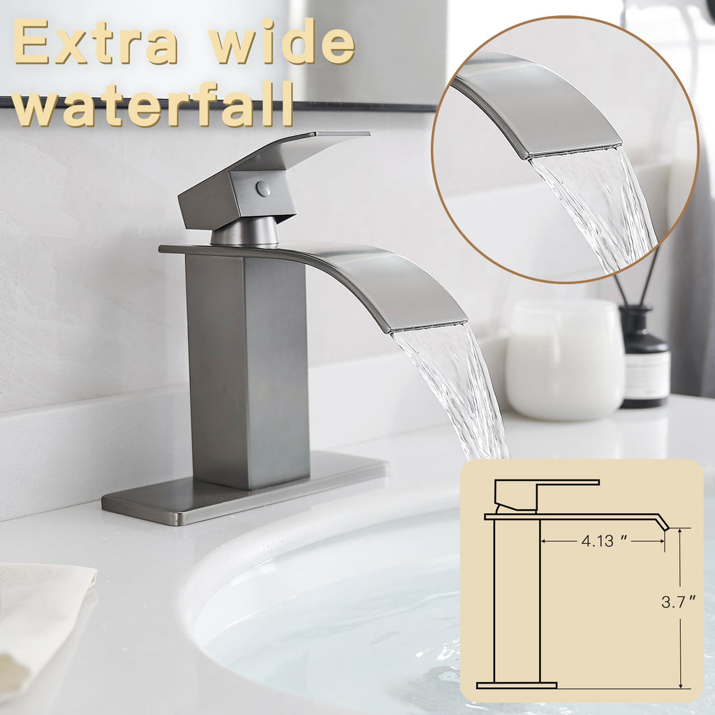 FRANSITON Brushed Grey Waterfall Bathroom Faucet Lavatory Single Handle 1 or 3 Hole Bathroom Sink Faucet with Deck and Pop-up Drain (Brushed Grey, Short)