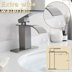 FRANSITON Brushed Grey Waterfall Bathroom Faucet Lavatory Single Handle 1 or 3 Hole Bathroom Sink Faucet with Deck and Pop-up Drain (Brushed Grey, Short)