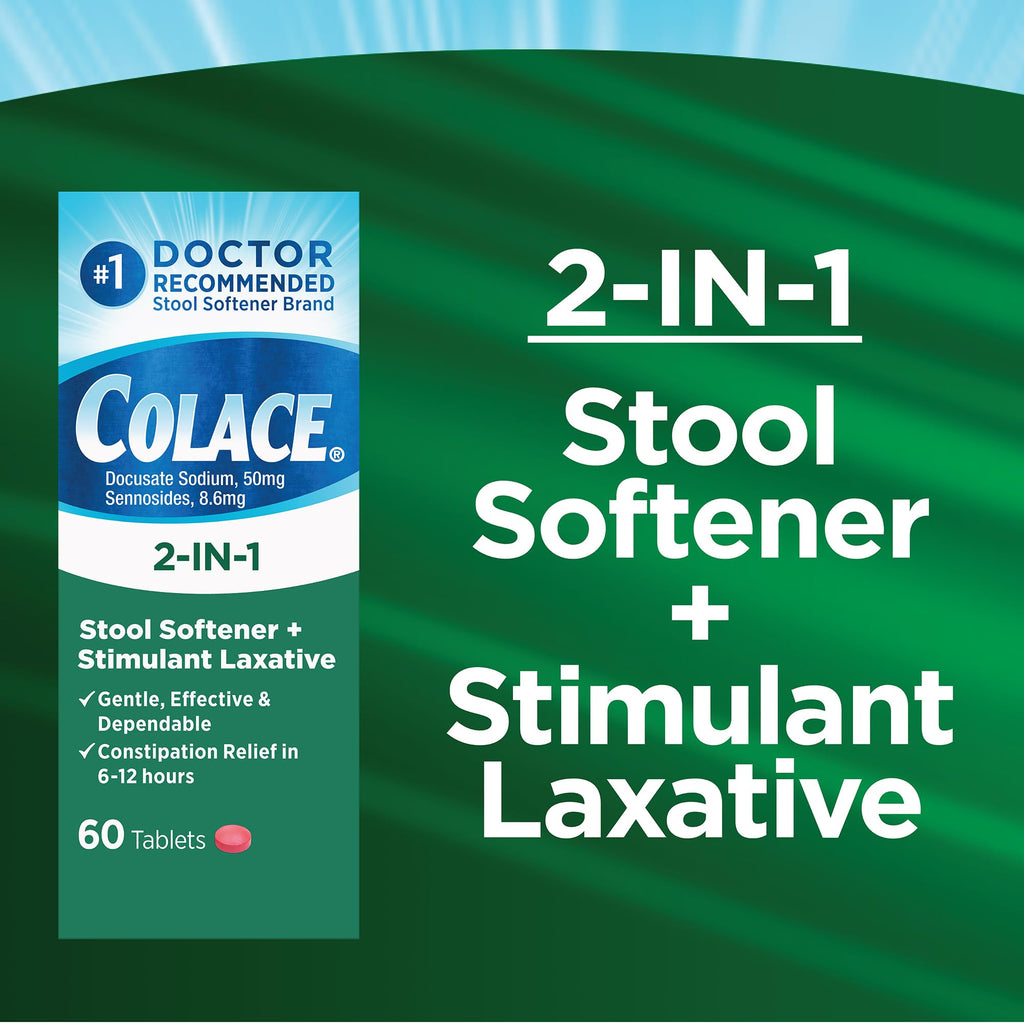 Colace 2-in-1 Stool Softener Plus Stimulant Laxative Tablets, 60 Count (Pack of 1), Gentle Constipation Relief, Docusate Sodium Plus Sennosides
