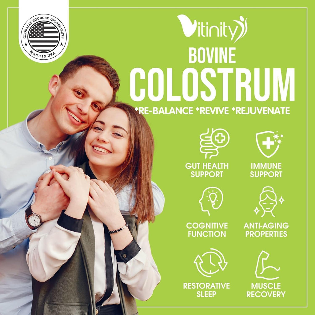 VITINITY Grass Fed Bovine Colostrum Capsules for Humans - Natural IgG Colostrum Supplement for Gut Health, Immune Support, Muscle Recovery & Wellness | Pure Colostrum Superfood, Unflavored (120 Count)