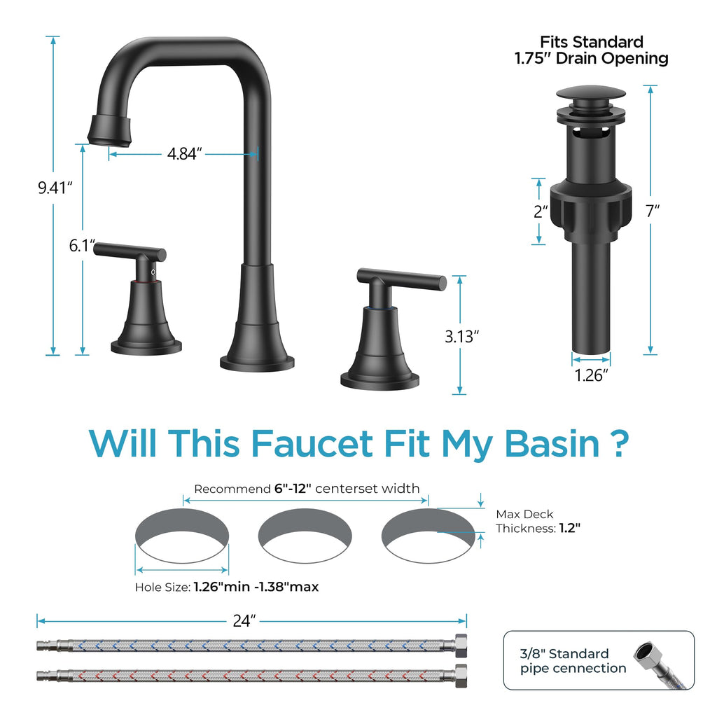 FORIOUS Black Bathroom Faucet for Sink 3 Hole,Widespread Matte Black Bathroom Sink Faucets,2 Handles RV Bathroom Faucets Vanity with Pop Up Drain and Supply Hoses