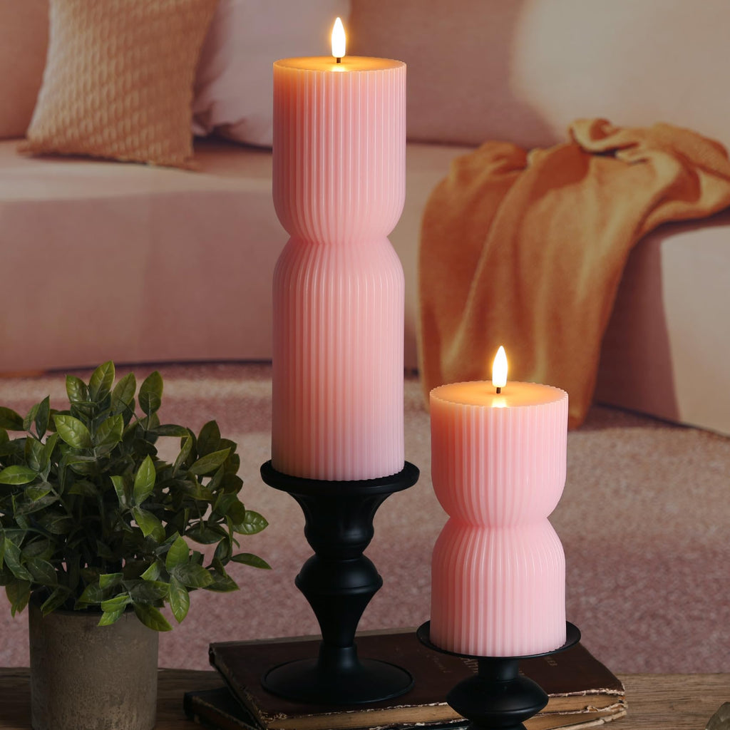 Girimax Pink Ribbed Flameless Pillar Candles with Remote, Flickering LED Candles Battery Operated Real Wax Set of 2