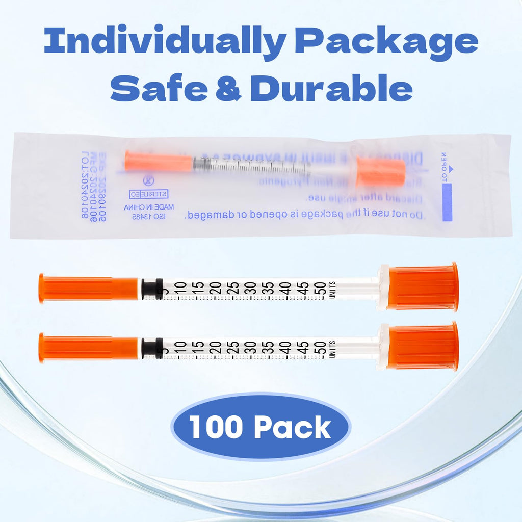 U-100 0.5ml Syringes 32G 1/4"（6mm）, Lab Supplies, Individually Wrapped, Pack of 100