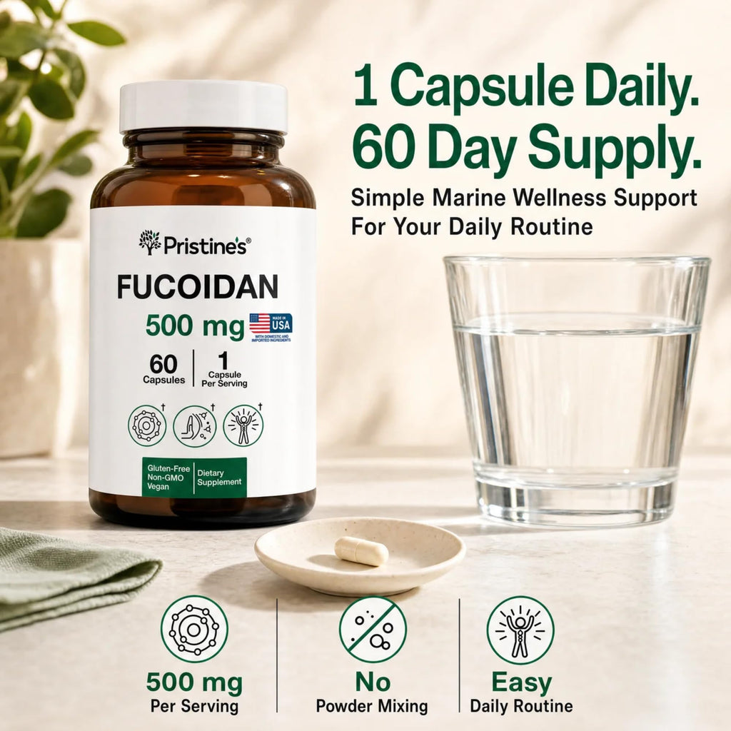 PRISTINE'S Fucoidan 500MG Immunity Supplement Capsules - 60 Day Supply - Brown Seaweed Extract - Potent Herbal Antioxidant Lung Health & Skin Health Support
