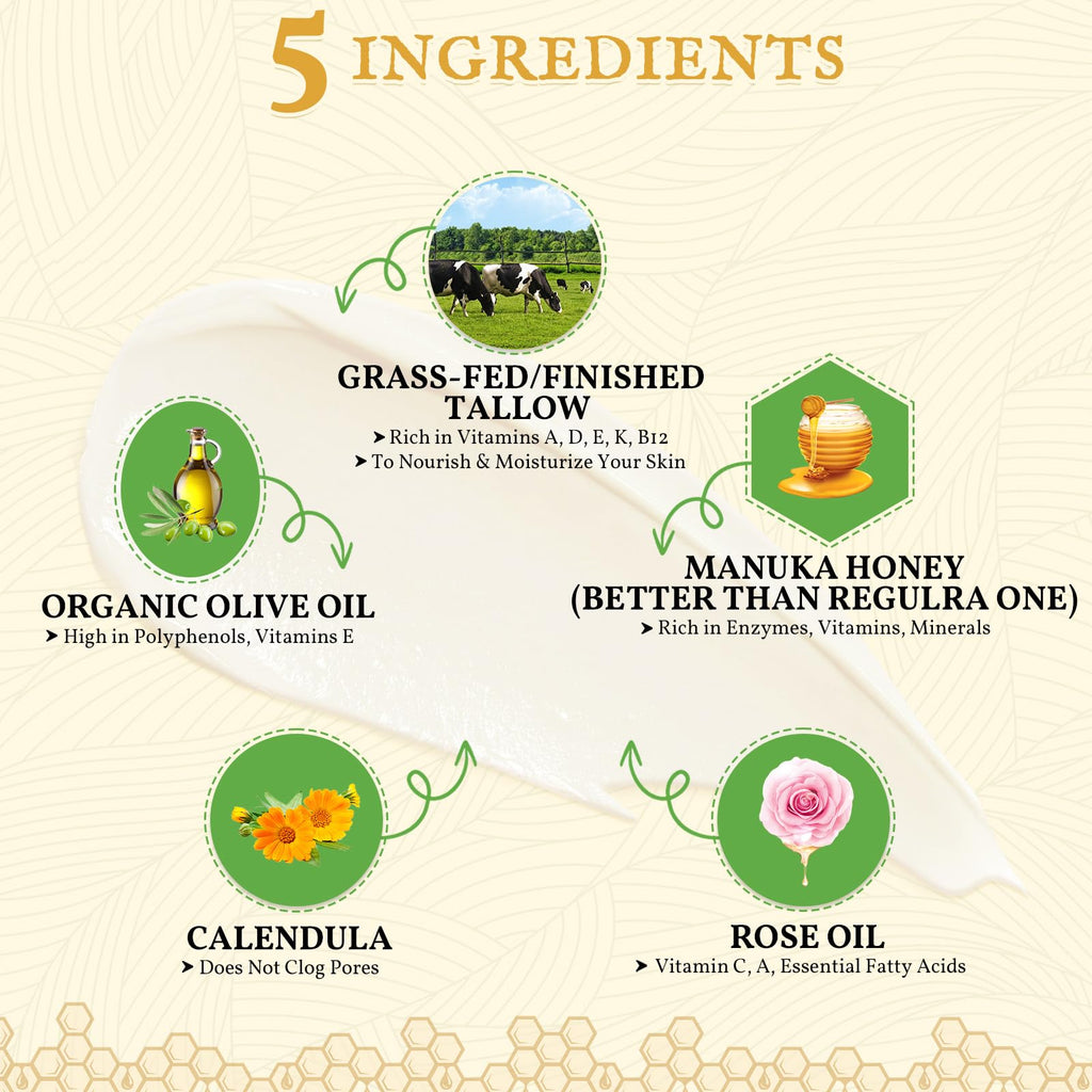 Beef Tallow for Skin 4oz | Tallow And Manuka Honey Balm | Unscented Tallow Face Moisturizer | Beef Tallow for Face | Organic Grass Fed Beef Tallow Balm | Whipped Beef Tallow Lotion Face Cream