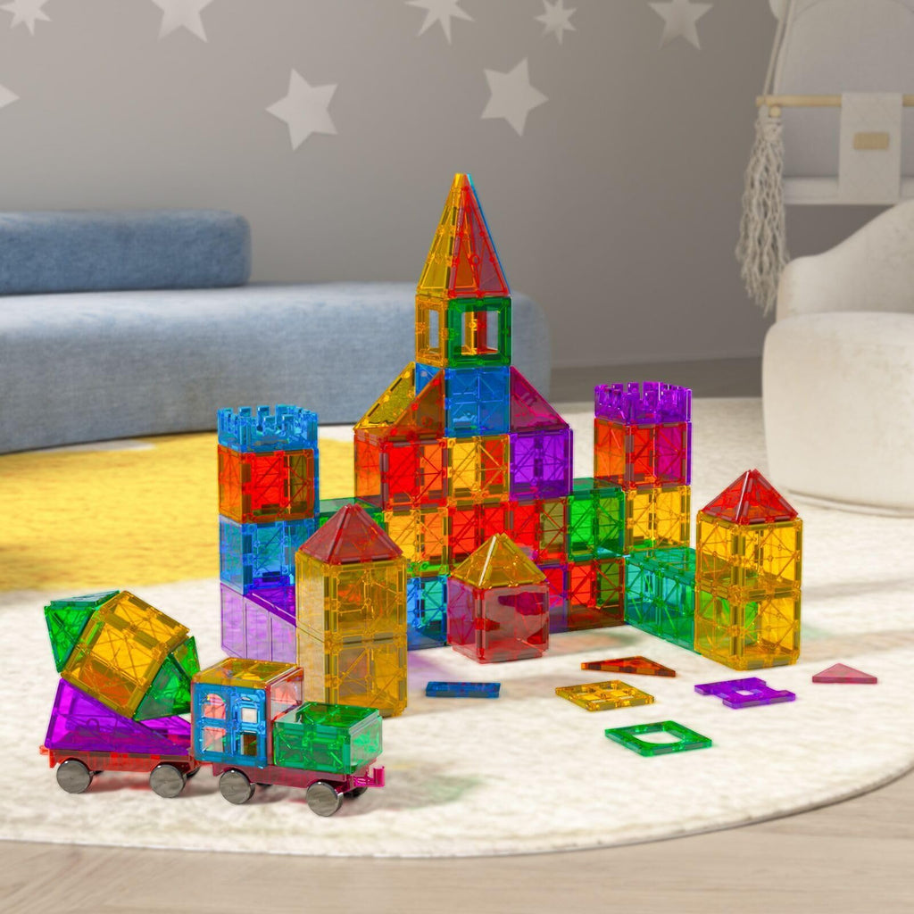 Bmag 100PCS Magnet Building Blocks with 2 Cars for Kids, Magnetic Tiles Stacking Building Set for Boys Girls, STEM Preschool Educational Learning Construction Toy