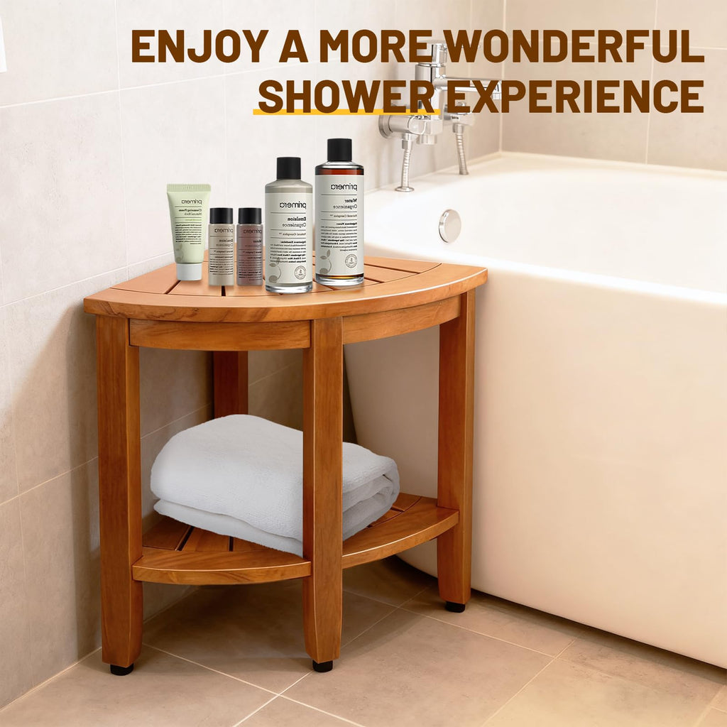 MRTEAK 18" Premium Teak Corner Shower Bench with Shelf, Solid Teak Shower Stool, Durable Waterproof Wooden Seat for Inside Shower, Teak Wood Bench for Bathroom, Indoor & Outdoor Use