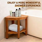 MRTEAK 18" Premium Teak Corner Shower Bench with Shelf, Solid Teak Shower Stool, Durable Waterproof Wooden Seat for Inside Shower, Teak Wood Bench for Bathroom, Indoor & Outdoor Use
