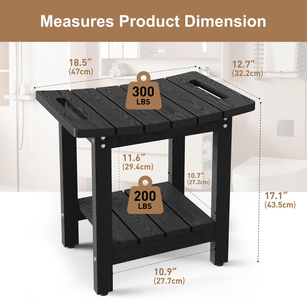 oridom HIPS Shower Benches for Inside Shower, Shower Stool with Space-Efficient Storage Shelf, Waterproof Shower Chair Seat for Spa Bathroom(Black)