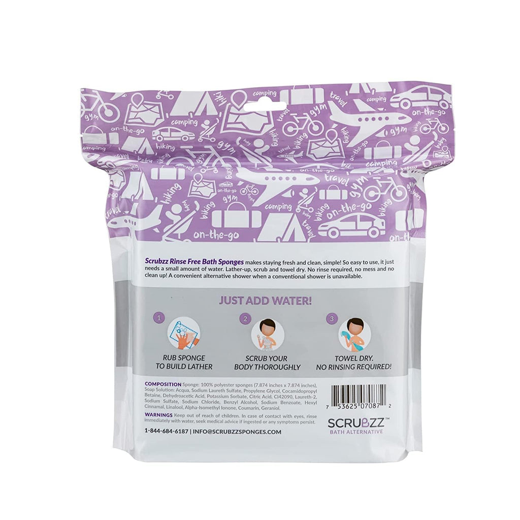 Scrubzz Disposable No Rinse Bathing Wipes - All-in-1 Single Use Shower Wipes, Simply Dampen, Lather, and Dry Without Shampoo or Rinsing (Lavender, 2-Pack)