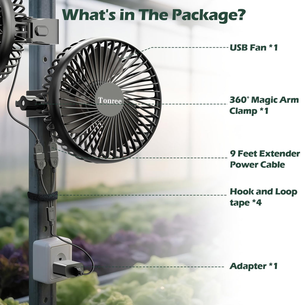 Tonree Grow Tent Fan, 5.5" Greenhouse Clip Fan with Brushless Motor and Non-Slip Clamp, Strong Airflow and Low Noise, 360° Tilt, Easy Mount for Plant Hydroponics Circulation Cooling Ventilation Shed