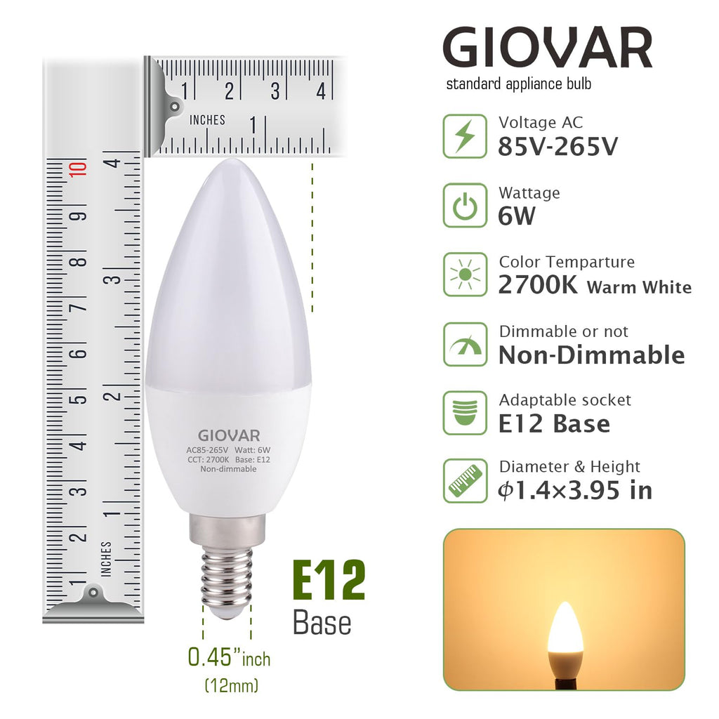 GIOVAR 12-Pack Candelabra LED Light Bulbs, 60 Watt Equivalent, Warm White 2700K, Light Bulbs for Chandelier/Wall Sconces Small Base, 120V, Type B, Non-Dimmable