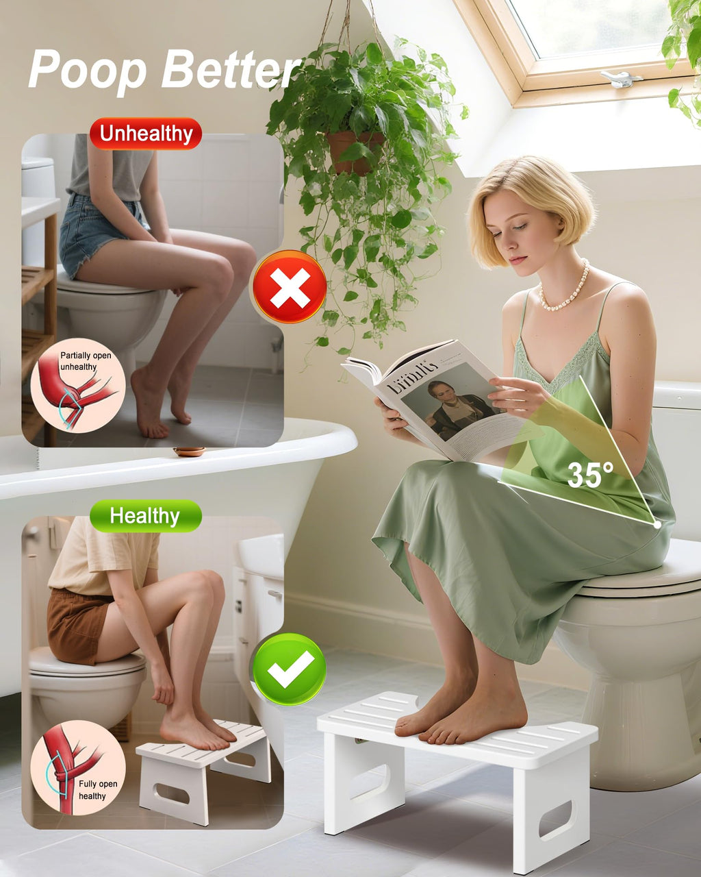 Foldable Toilet Stool, 7.5 Inches Bamboo Toilet Stool Squat for Adults, Collapsible Poop Stool for Bathroom, Potty Step Stool with Non-Slip Strip