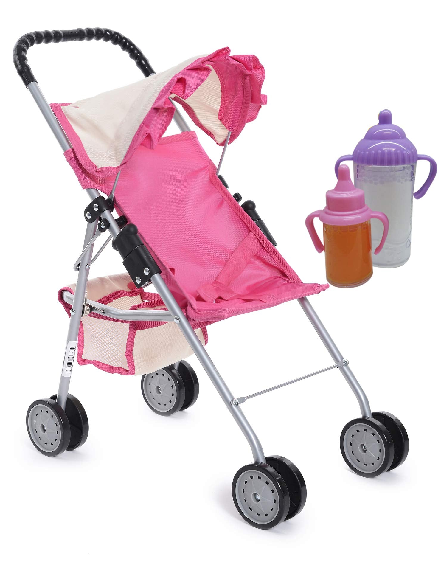 fash n kolor My First Doll Stroller with Basket - Pink Off-White Foldable Doll Stroller - Fits Upto 18" Dolls, 2 Free Magic Bottles Included