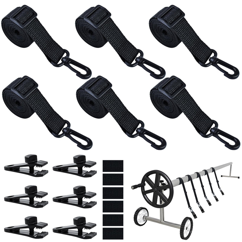 18Pcs Adjustable Length Upgraded Pool Solar Cover Reel Strap Pool Cover Reel Attachment Straps Pool Reel Strap Kit Including 6 Solar Cover Reel Blanket Straps with Hooks,6 Clamps,6 Touch Fastener