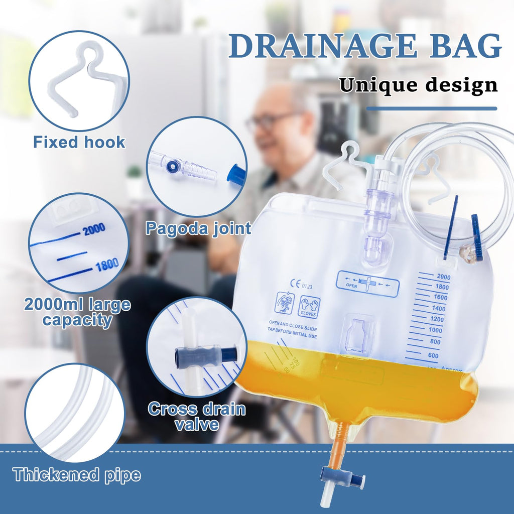 5 Pack 2000ml Urine Drainage Bag with 48" Tube, Leak Proof Anti Reflux with Cross-Shaped Drainage Valve and Dual Hook for Easy Hanging