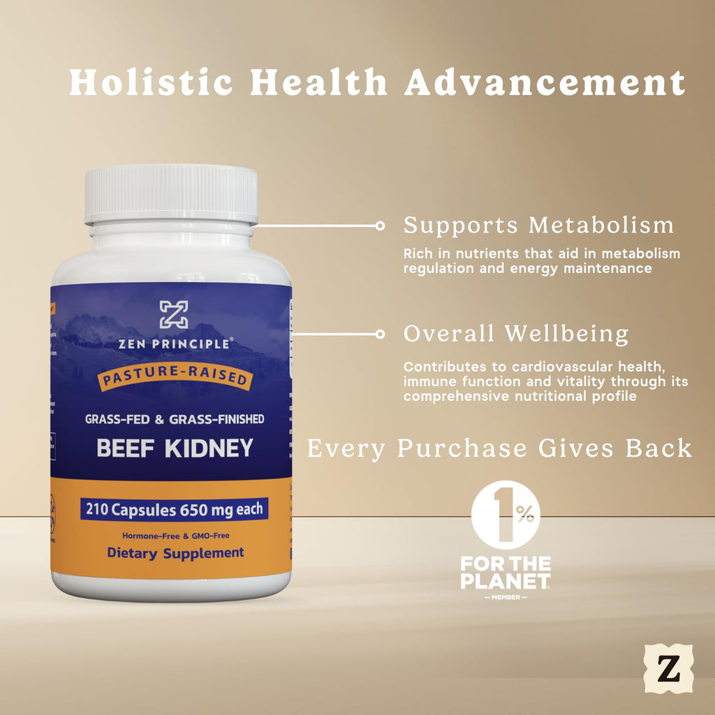 Zen Principle Grass Fed Beef Kidney Supplement, 210 Capsules, 3000 mg. DAO Enzyme for Histamine Health. Selenium and B12 for Thyroid Support.