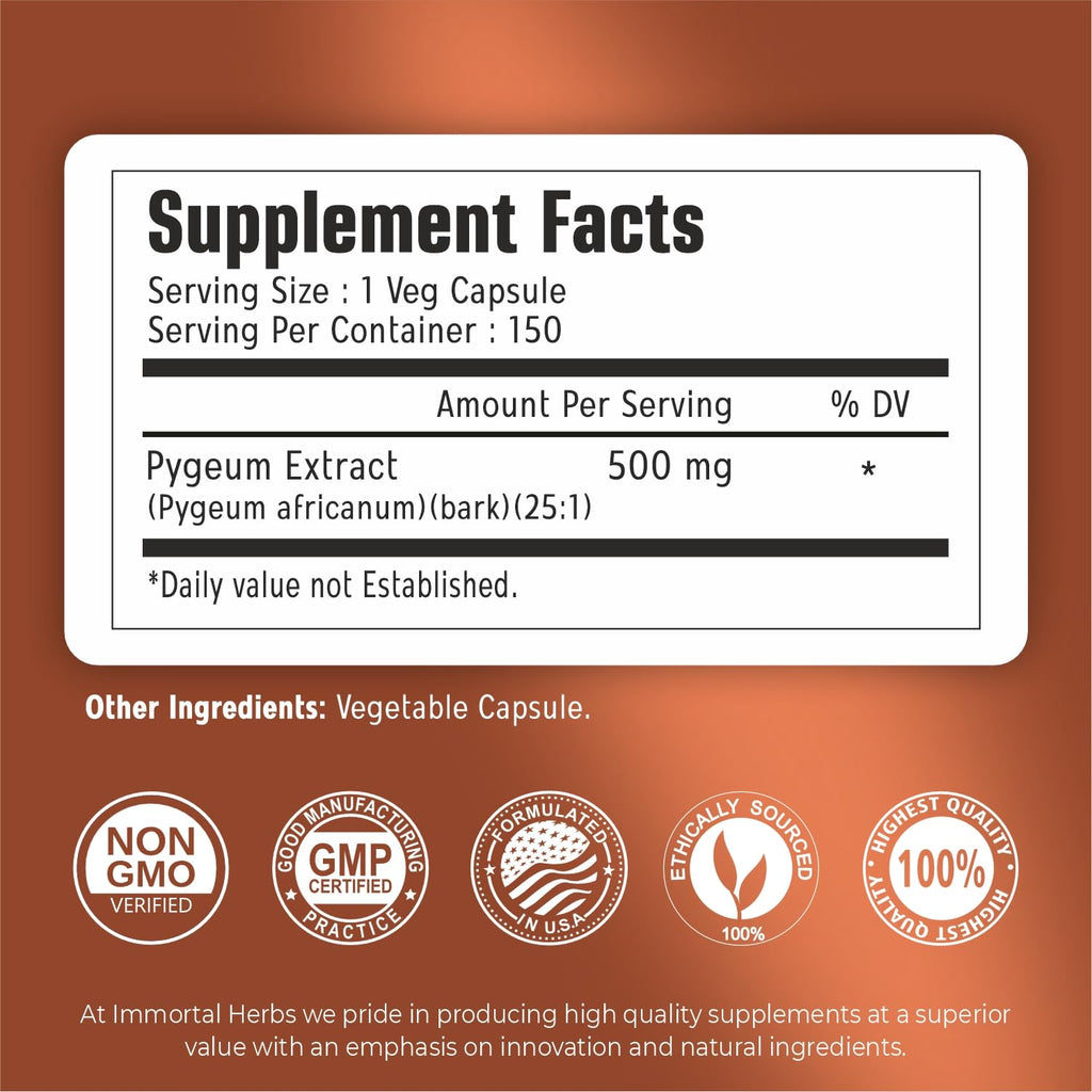 Immortal Herbs Africanum Pygeum 500mg, 25:1 Extract, 150 Pills, Extra Strength Pygeum Supplement for Men and Women, Non-GMO and Gluten-Free Bark Extract Capsules, 5 Months Supply