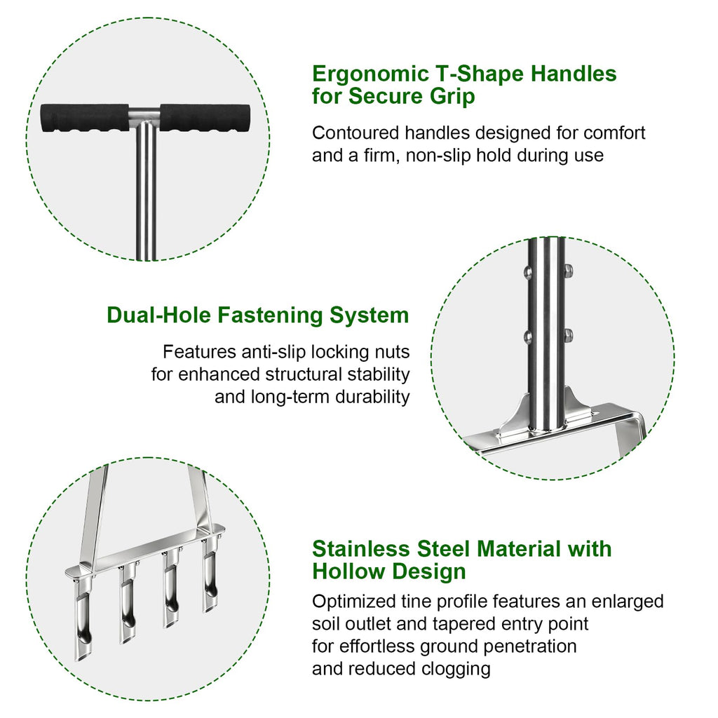 Qdreclod Core Aerator Lawn Tool Manual Lawn Aerator Tool with 4 Hollow Tines Non-Clogging Heavy Duty Plug Aerator for Soil Loosening Lawn Aeration, Revives Lawn Health,Garden Tool