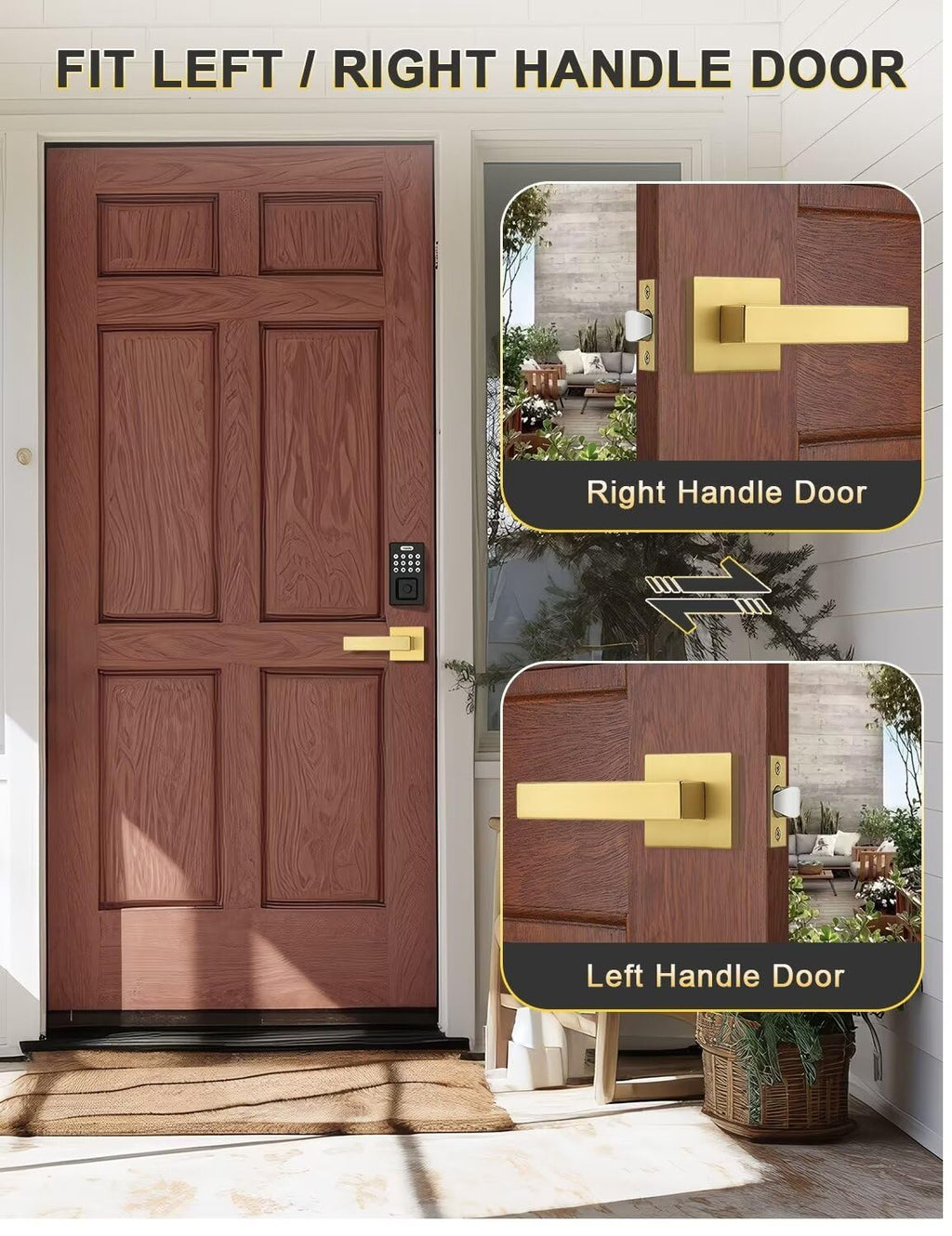 Tinewa 5 Pack Gold Keyless Square Levers Handles, Satin Brass Finish, Interior Passage Door Locksets for Hall Closet Door Knobs Lock Reversible Right & Left Handed