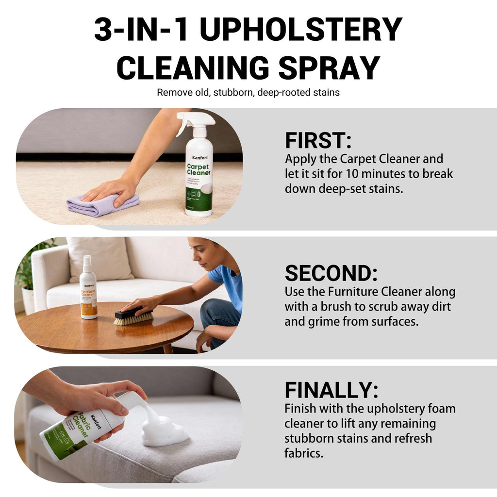 kanfort Carpet & Upholstery Cleaner 5-Piece Set, Fast Action Stain Remover for Furniture, Fabric, Sofa, Car Seats & Clothes - Includes Brush and Towel - Safe for Kids and Pets, Includes Brush & Towel