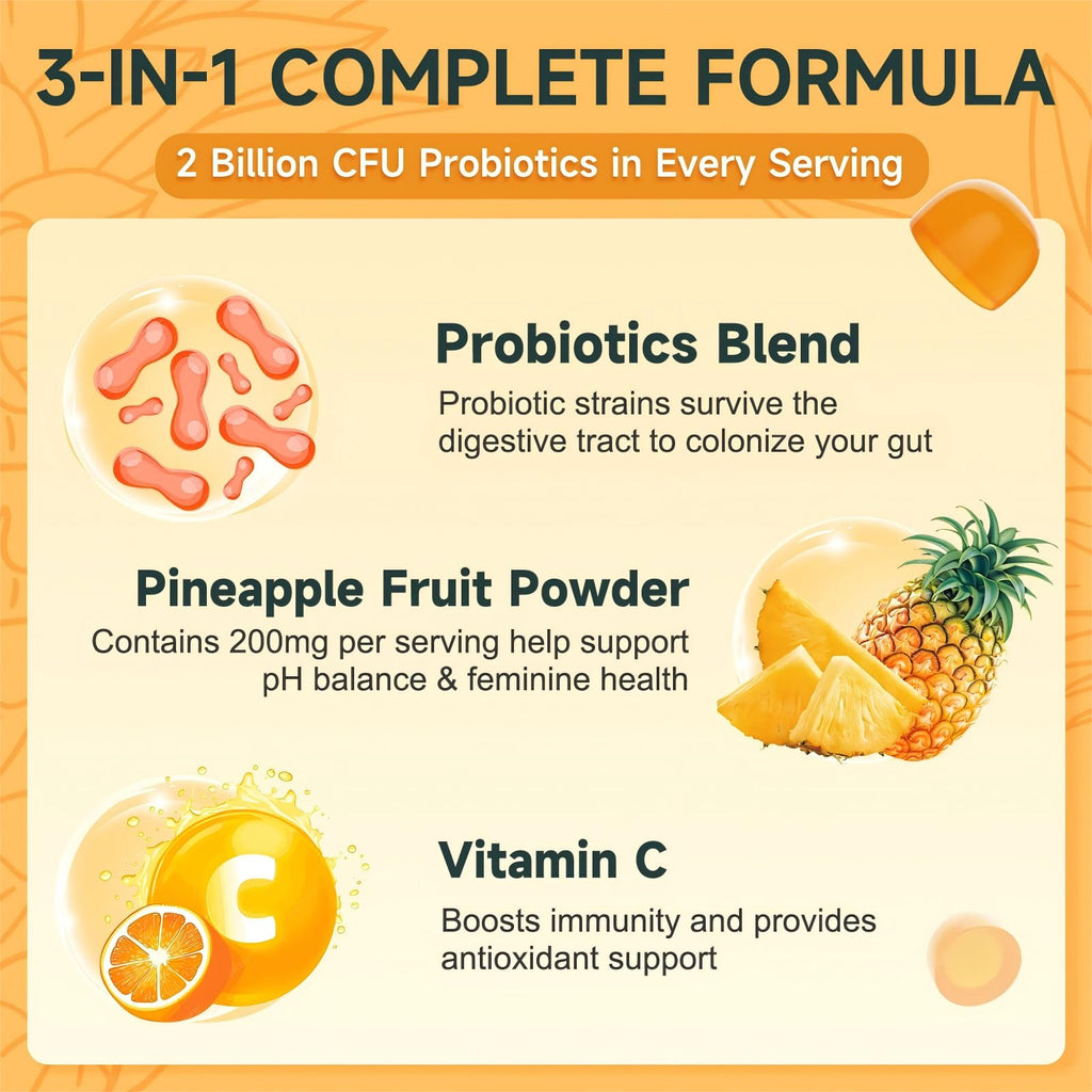 Feminine Balance Gummies, Probiotics Gummies for Women - pH Balance, Odor Control, Vaginal Flora & Digestive Health - Vaginal Probiotic with Vitamin C for Immune, Hawaiian Pineapple Flavor, 90 Gummies