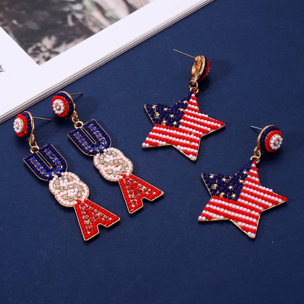 NLCAC USA Earrings Beaded American Flag Earrings USA Star Ice Cream Drop Dangle Earrings 4th of July Gifts for Women Star
