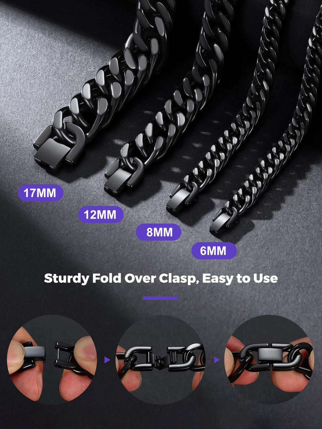 Richsteel Cuban Link Beacelet for Men,Black/8MM Width/7.4Inch Length