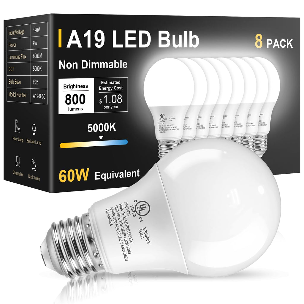 TJOY 8 Pack LED Light Bulbs 60 Watt Equivalent, Daylight White 5000K A19