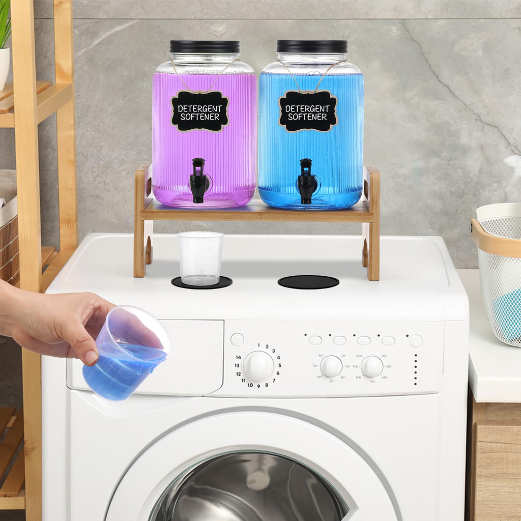 2-Pack Laundry Detergent Dispenser with Bamboo Stand，1 Gallon Laundry Soap Dispenser with Measuring Cup，Glass Laundry Detergent Containr for Laundry Room Organization and Storage