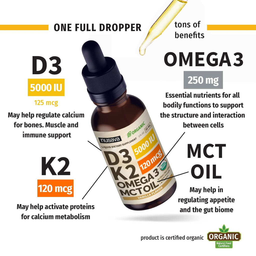 (2 Pack) Organic Vitamin D3 K2 Drops with MCT Oil Omega 3, 5000 IU - Maximum Strength Vitamin D Liquid, No Fillers, Non-GMO Liquid D3 for Faster Absorption and Immune Support (Vanilla, 1 Fl OZ x 2)