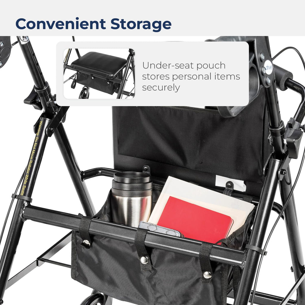 Drive Medical Aluminum Rollator Walker - Fold Up & Removable Back Support - Padded Seat - 6 Inch Wheels - Lightweight Portable Design - Indoor Outdoor Mobility Aid - Black