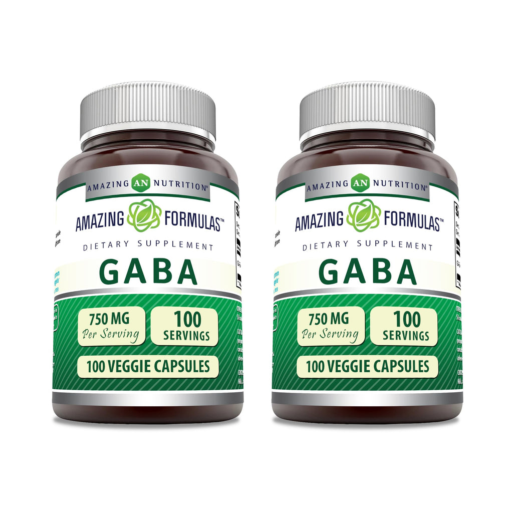 Amazing Formulas GABA 750mg Per Serving Veggie Capsules Supplement | Non-GMO | Gluten Free | Made in USA | Ideal for Vegetarians (2 Pack | 100 Count)