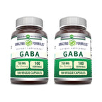 Amazing Formulas GABA 750mg Per Serving Veggie Capsules Supplement | Non-GMO | Gluten Free | Made in USA | Ideal for Vegetarians (2 Pack | 100 Count)
